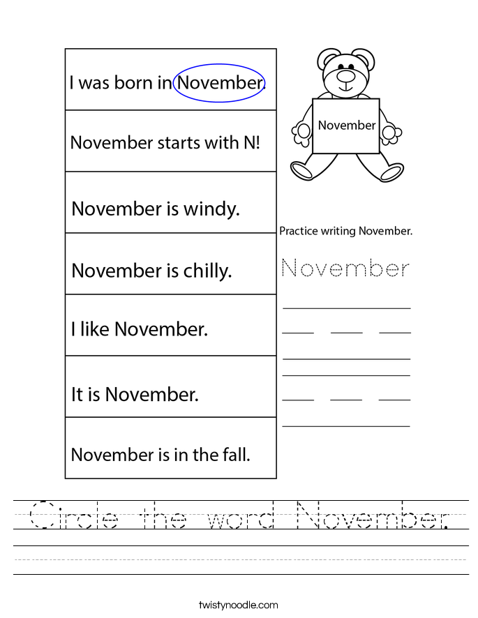 Circle the word November. Worksheet