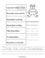 Circle the word November Handwriting Sheet