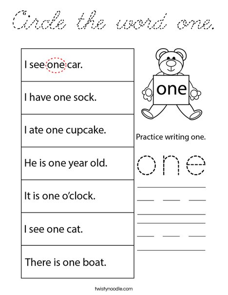 Circle the word one. Coloring Page