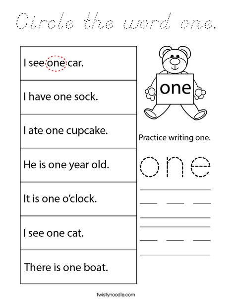Circle the word one. Coloring Page