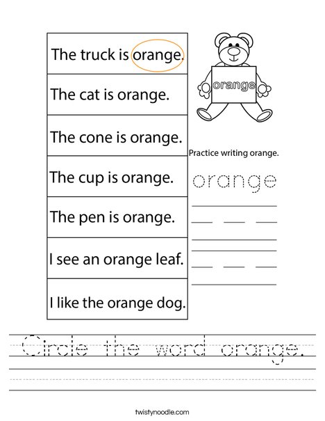 Circle the word orange. Worksheet