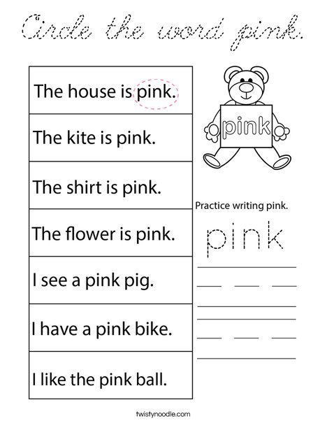 Circle the word pink. Coloring Page