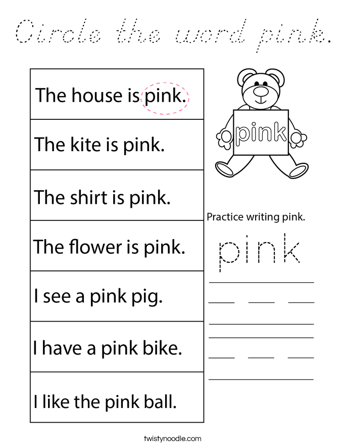 Circle the word pink. Coloring Page