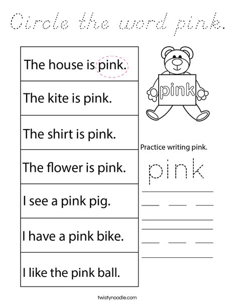 Circle the word pink. Coloring Page
