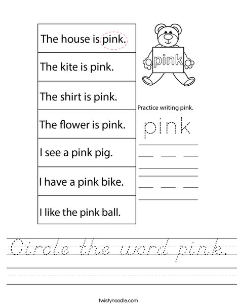 Circle the word pink. Worksheet