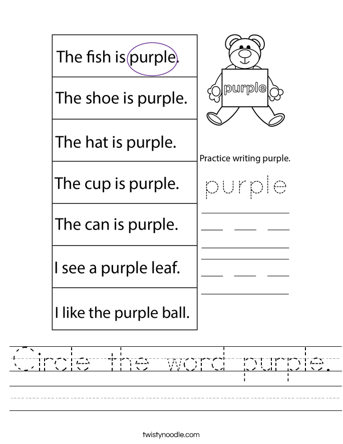 Circle the word purple. Worksheet