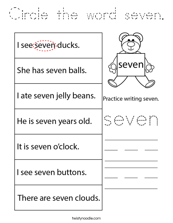 Circle the word seven. Coloring Page