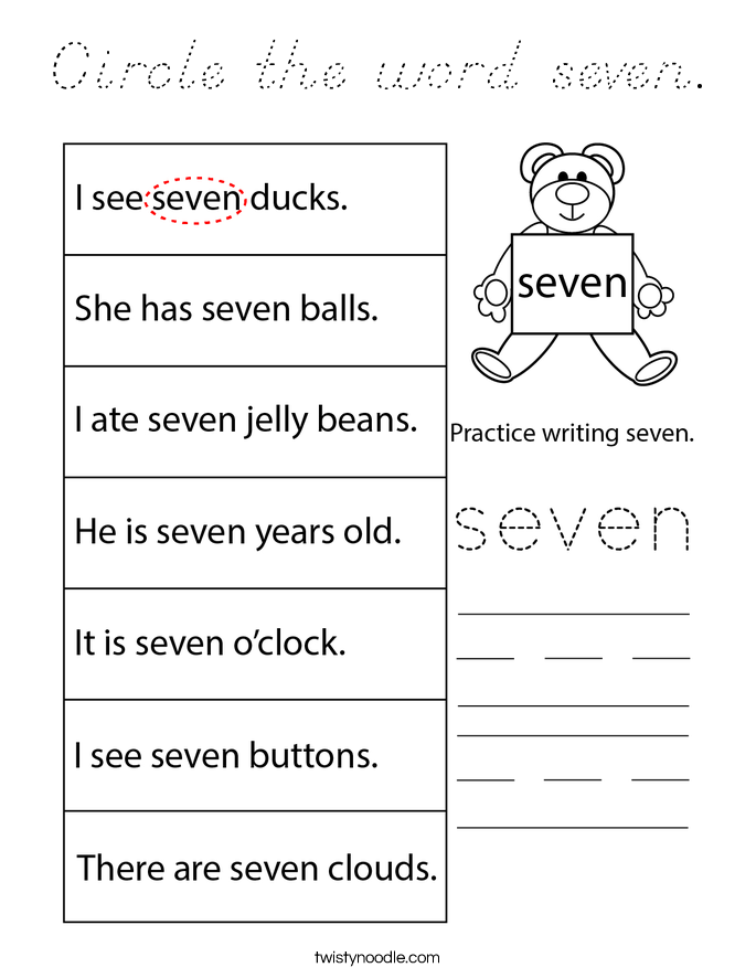 Circle the word seven. Coloring Page