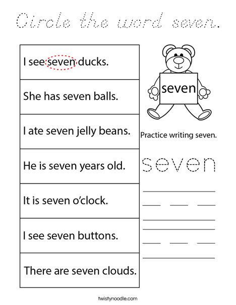Circle the word seven. Coloring Page