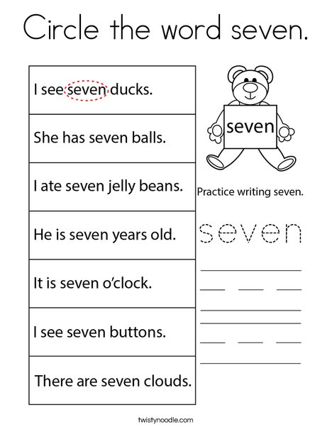 Circle the word seven. Coloring Page