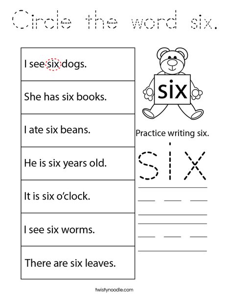 Circle the word six. Coloring Page