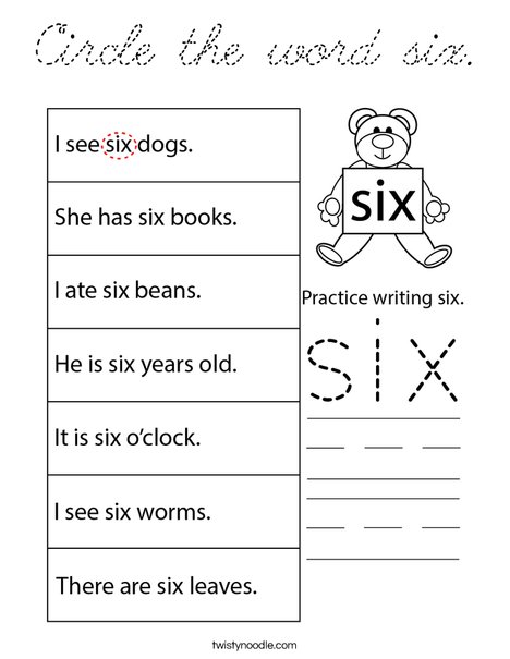 Circle the word six. Coloring Page