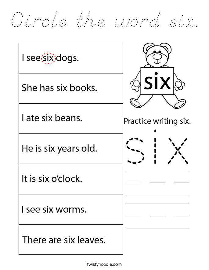 Circle the word six. Coloring Page