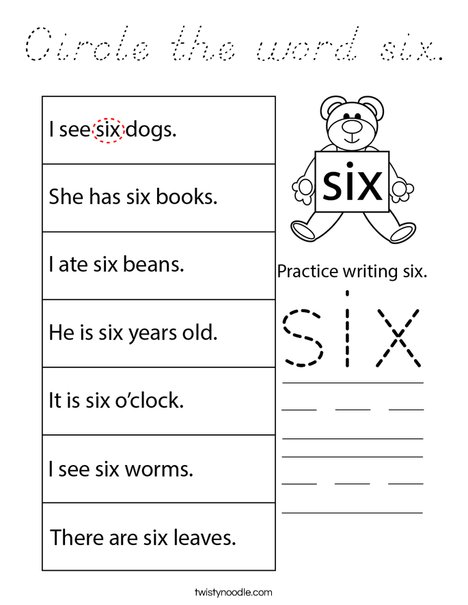 Circle the word six. Coloring Page