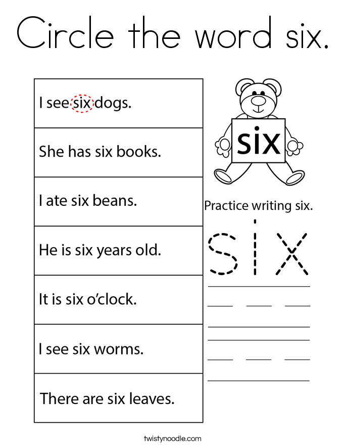 Circle the word six. Coloring Page