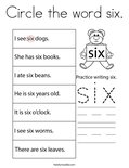 Circle the word six. Coloring Page