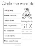 Circle the word six Coloring Page