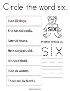 Circle the word six Coloring Page