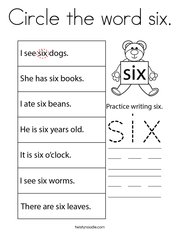 Circle the word six Coloring Page