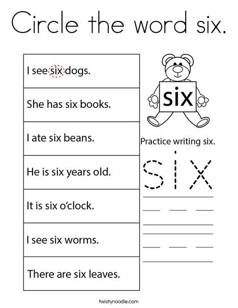 Circle the word six. Coloring Page