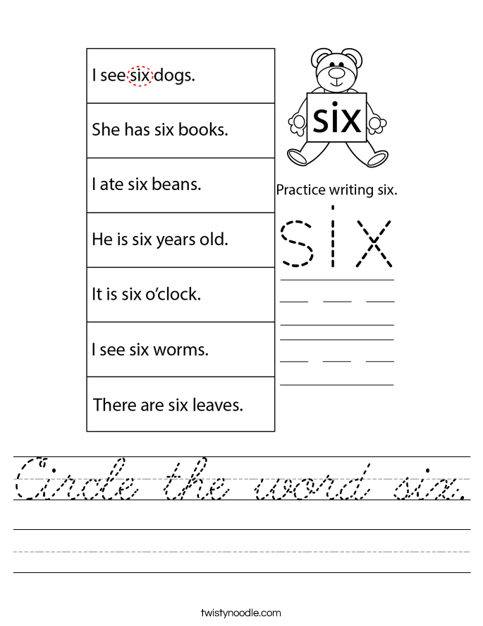 Circle the word six. Worksheet