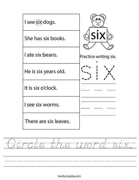 Circle the word six. Worksheet