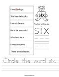 Circle the word six. Worksheet