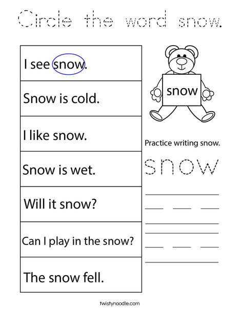 Circle the word snow. Coloring Page