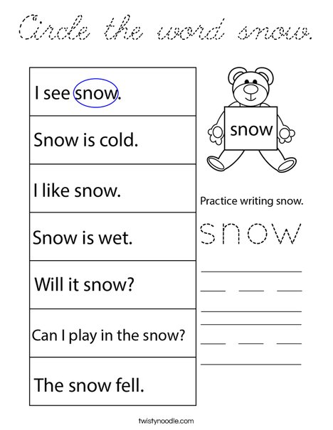 Circle the word snow. Coloring Page