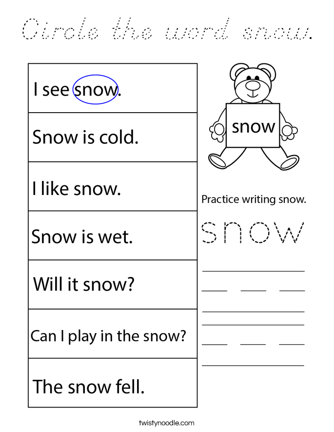 Circle the word snow. Coloring Page