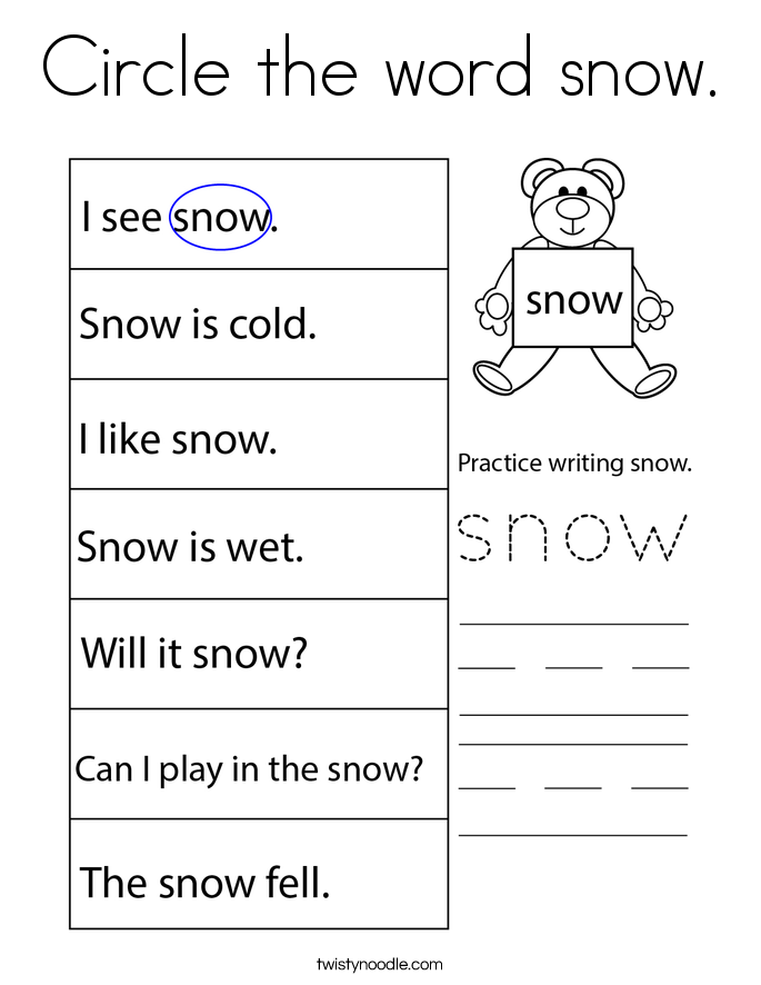 Circle the word snow. Coloring Page