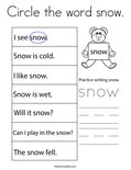 Circle the word snow. Coloring Page