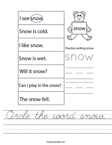 Circle the word snow. Worksheet