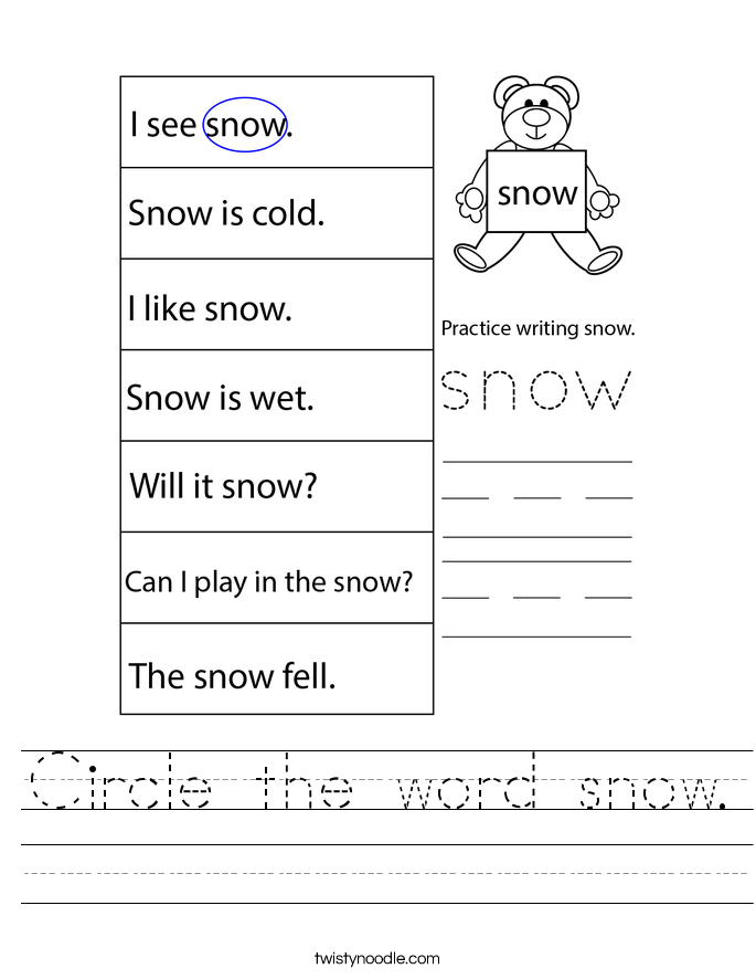 Circle the word snow. Worksheet