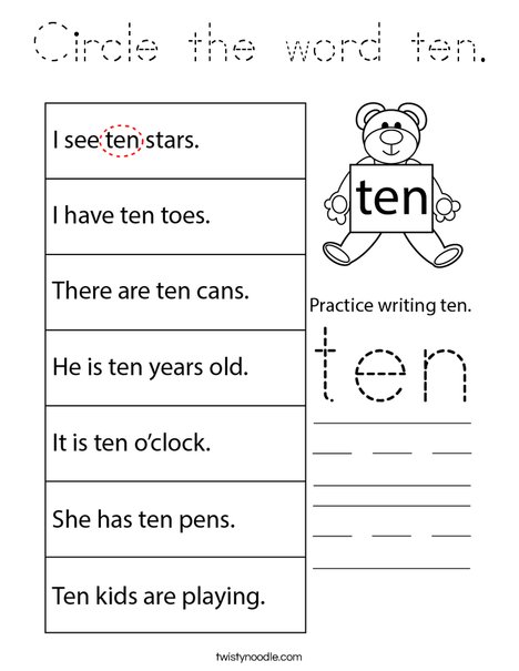 Circle the word ten. Coloring Page