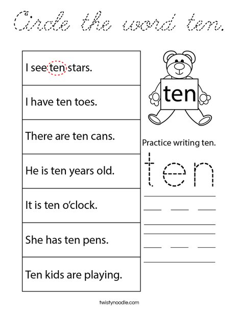 Circle the word ten. Coloring Page