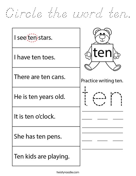 Circle the word ten. Coloring Page