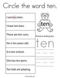 Circle the word ten Coloring Page