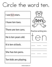 Circle the word ten Coloring Page