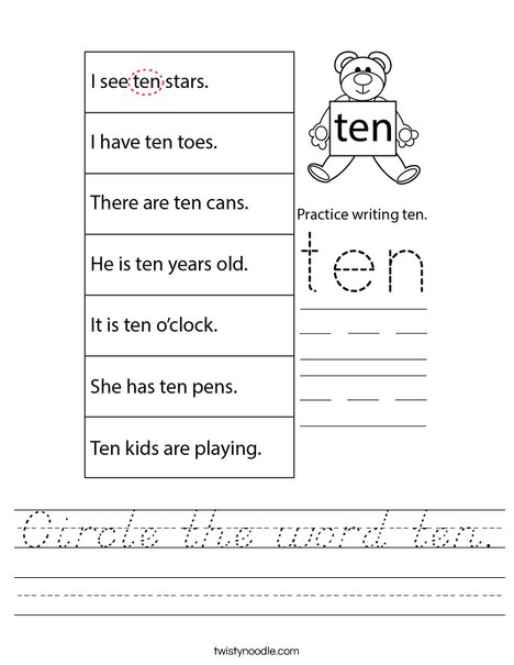 Circle the word ten. Worksheet