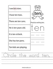 Circle the word ten Handwriting Sheet