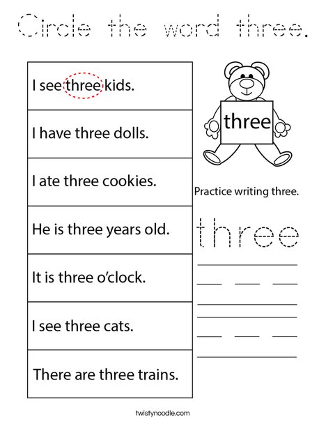 Circle the word three. Coloring Page