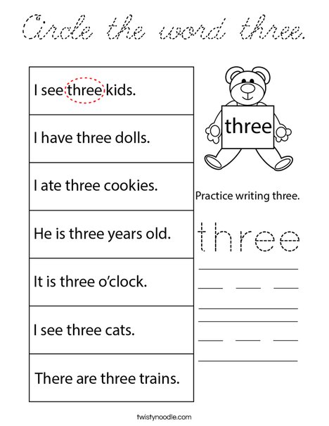 Circle the word three. Coloring Page