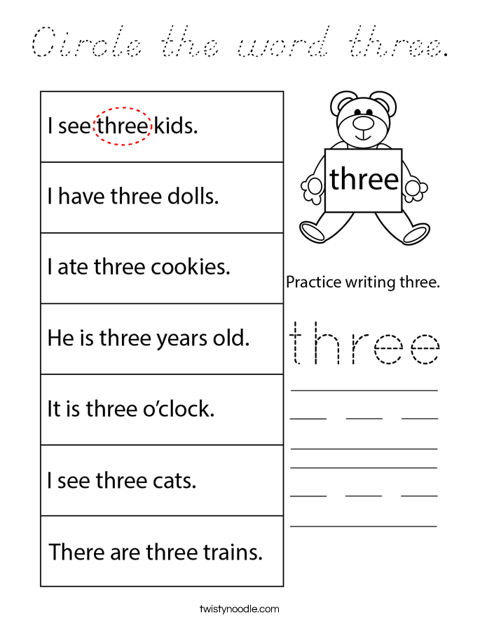 Circle the word three. Coloring Page