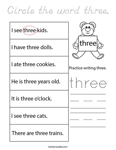 Circle the word three. Coloring Page
