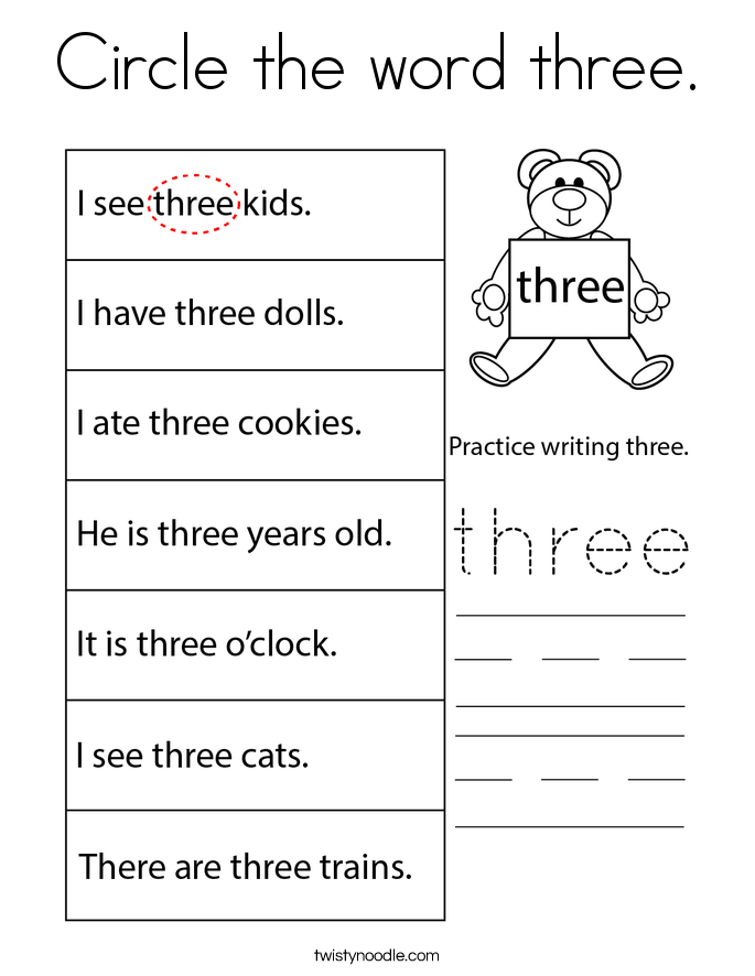 Circle the word three. Coloring Page