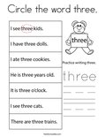 Circle the word three. Coloring Page