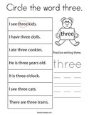 Circle the word three Coloring Page