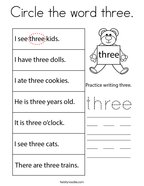 Circle the word three Coloring Page