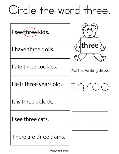 Circle the word three. Coloring Page